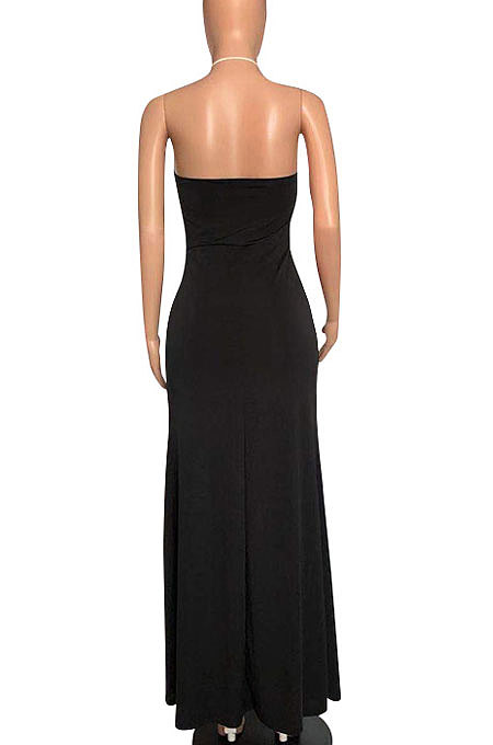 Black Women Halter Neck Solid Color Backless Swing Long  Dress ASY6608-1