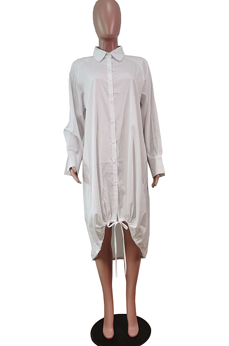Orange Lapel Neck Long Sleeve Single-Breasted Loose Drawable Hem Shirt Dress WY6838-2