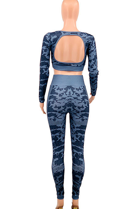 Camo Gray Women Long Sleeve U Neck Casual Sport Backless Tight Yoga Suits Pants Sets PY0833