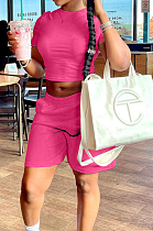 Rose Red Short Sleeve O Collar Crop T-Shirt Shorts Solid Color Casual Sets NYF8047-1