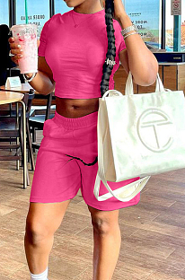 Rose Red Short Sleeve O Collar Crop T-Shirt Shorts Solid Color Casual Sets NYF8047-1