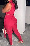 Purple Women Pure Color Shirred Detail Split Sleeveless Tiny Flared Casual Long Pants Sets ASY8831-2
