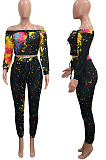 Colorful White Splask-Ink Print A Word Shoulder Long Sleeve Dew Waist Carrot Pants Two-Piece SN390186 -1
