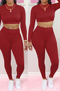 Red Scale Lines Long Sleeve Round Neck Crop Top High Waist Bodycon Pants Casual Sets NYF8011-3