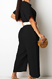 Black Casual Solid Color Lapel Collar Single-Breasted Short Sleeve Wide Leg Jumpsuits TRS1169-2