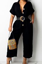 Black Casual Solid Color Lapel Collar Single-Breasted Short Sleeve Wide Leg Jumpsuits TRS1169-2