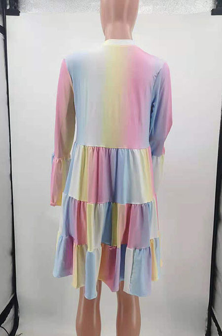 Blue Colorful Print Notched Neck Ruffle Sleeve Single-Breasted Loose Swing Midi Dress TK6193-2