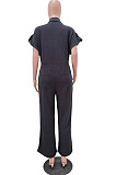 Black Casual Solid Color Lapel Collar Single-Breasted Short Sleeve Wide Leg Jumpsuits TRS1169-2