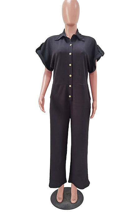 Black Casual Solid Color Lapel Collar Single-Breasted Short Sleeve Wide Leg Jumpsuits TRS1169-2