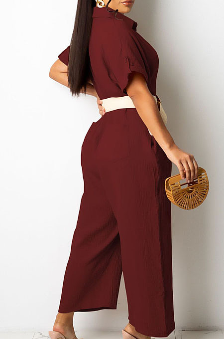 Wine Red Casual Solid Color Lapel Collar Single-Breasted Short Sleeve Wide Leg Jumpsuits TRS1169-4