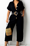 White Casual Solid Color Lapel Collar Single-Breasted Short Sleeve Wide Leg Jumpsuits TRS1169-1