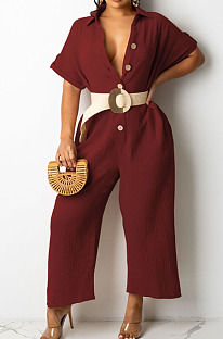 Wine Red Casual Solid Color Lapel Collar Single-Breasted Short Sleeve Wide Leg Jumpsuits TRS1169-4