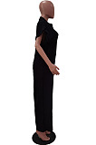 Wine Red Casual Solid Color Lapel Collar Single-Breasted Short Sleeve Wide Leg Jumpsuits TRS1169-4