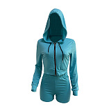 Orange Women Solid Color Blouse Sport Casual Zipper Shorts Sets XQ1140-6