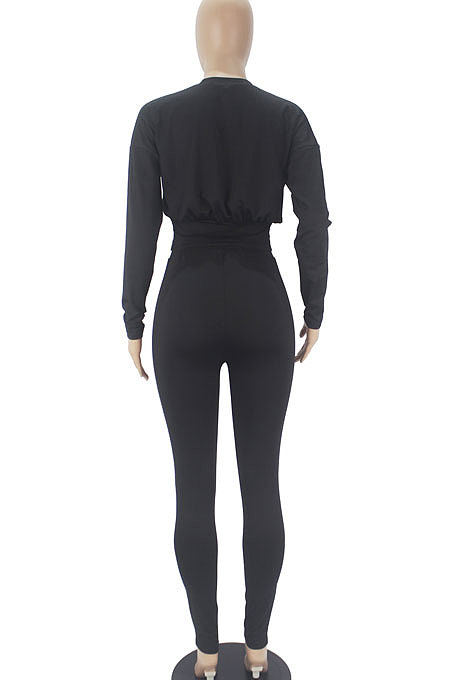 Black Women Autumn Winter Casual Sport Solid Color Collect Waist Pants Sets SDD9361-1