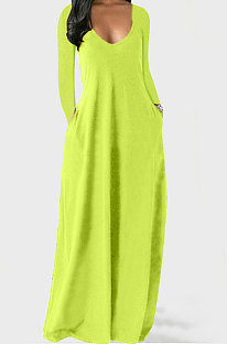 Neon Green Autumn Winter Pure Color Sexy V Neck Long Sleeve Long Dress XQ1137-1