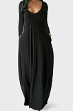 Blue Autumn Winter Pure Color Sexy V Neck Long Sleeve Long Dress XQ1137-4