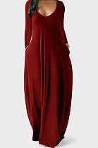 Wine Red Autumn Winter Pure Color Sexy V Neck Long Sleeve Long Dress XQ1137-5