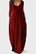 Wine Red Autumn Winter Pure Color Sexy V Neck Long Sleeve Long Dress XQ1137-5