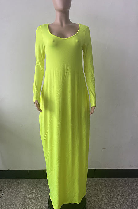 Yellow Autumn Winter Pure Color Sexy V Neck Long Sleeve Long Dress XQ1137-2