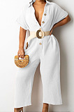 Wine Red Casual Solid Color Lapel Collar Single-Breasted Short Sleeve Wide Leg Jumpsuits TRS1169-4