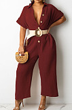 White Casual Solid Color Lapel Collar Single-Breasted Short Sleeve Wide Leg Jumpsuits TRS1169-1