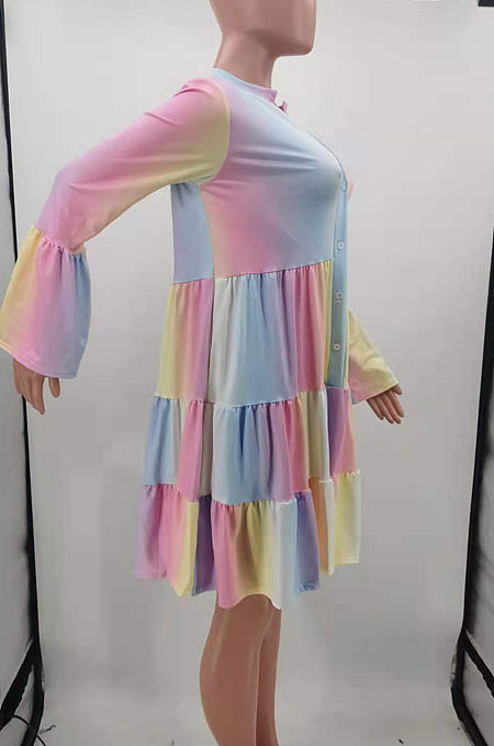 Blue Colorful Print Notched Neck Ruffle Sleeve Single-Breasted Loose Swing Midi Dress TK6193-2
