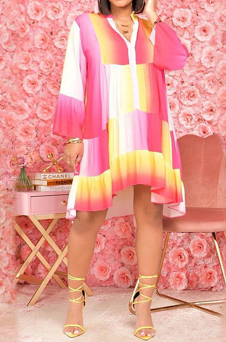 Blue Colorful Print Notched Neck Ruffle Sleeve Single-Breasted Loose Swing Midi Dress TK6193-2