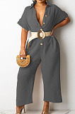 Grey Casual Solid Color Lapel Collar Single-Breasted Short Sleeve Wide Leg Jumpsuits TRS1169-5