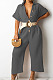 Grey Casual Solid Color Lapel Collar Single-Breasted Short Sleeve Wide Leg Jumpsuits TRS1169-5