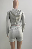 Orange Women Solid Color Blouse Sport Casual Zipper Shorts Sets XQ1140-6
