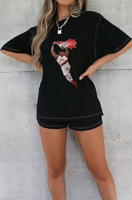 Fashion Casual Loose Letters Pattern Printing Shorts Sets With Pocket AYM5027