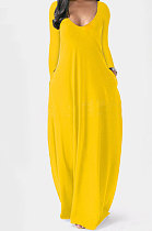 Yellow Autumn Winter Pure Color Sexy V Neck Long Sleeve Long Dress XQ1137-2