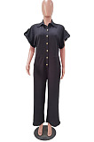 White Casual Solid Color Lapel Collar Single-Breasted Short Sleeve Wide Leg Jumpsuits TRS1169-1