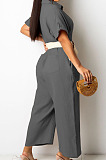 White Casual Solid Color Lapel Collar Single-Breasted Short Sleeve Wide Leg Jumpsuits TRS1169-1