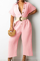 Pink Casual Solid Color Lapel Collar Single-Breasted Short Sleeve Wide Leg Jumpsuits TRS1169-3