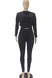Black Women Autumn Winter Casual Sport Solid Color Collect Waist Pants Sets SDD9361-1