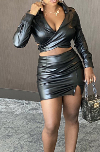 Black Modest High Elastic Long Sleeve Lapel Neck Deep V Collar Dew Crop  Top High Waist PU Leather Short Skitrs Sets BS1282-3