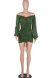 Wine Red Women Off Shoulder Long Sleeve Loose Solid Color Shirred Detail Mini Dress FMM2065-3