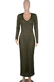Blue Women Long Sleeve Sexy V Neck Club Hole Long Dress FMM2057-1