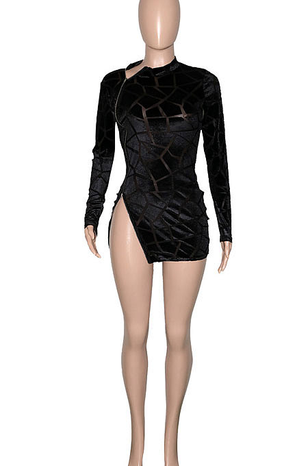Blue Women Hollow Out Sexy Zipper Long Sleeve Mini Dress SN390161-1