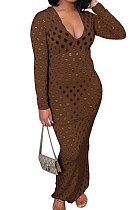 Coffee Women Long Sleeve Sexy V Neck Club Hole Long Dress FMM2057-6