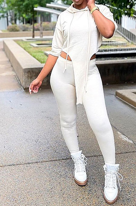 Gray Women Fashion Casual Pure Color Personality Blouse Hooded Long Panst Sets MR2101-4