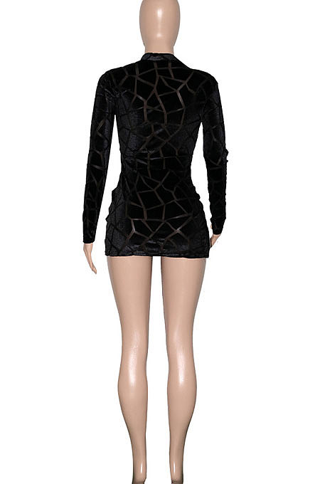 Black Women Hollow Out Sexy Zipper Long Sleeve Mini Dress SN390161-2