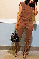 Coffee Women Trendy Casual Solid Color Shoulder Pads Sleeveless Pants Sets MR2114-2
