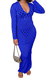 Black Women Long Sleeve Sexy V Neck Club Hole Long Dress FMM2057-3
