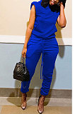 Black Women Trendy Casual Solid Color Shoulder Pads Sleeveless Pants Sets MR2114-1