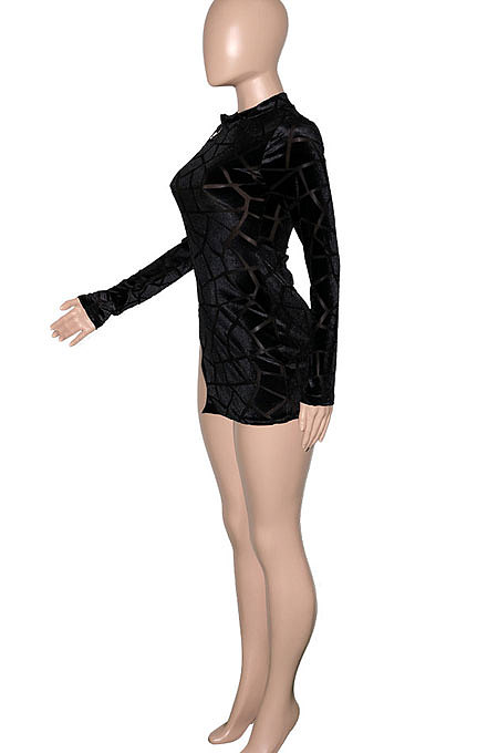 Blue Women Hollow Out Sexy Zipper Long Sleeve Mini Dress SN390161-1