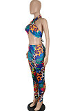 Blue Green Women Sexy Club Halter Neck Backless Bandage Printing Pants Sets SH7273