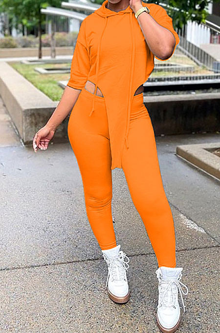 Orange Women Fashion Casual Pure Color Personality Blouse Hooded Long Panst Sets MR2101-1